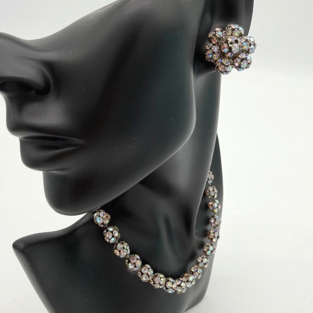 Vintage Austria AB Rhinestone Necklace Clip Earrings Set Silver Tone 2Pc